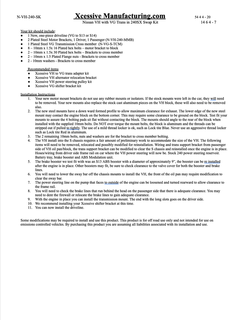 Product Instructions for S Shassis to VH45 Swap