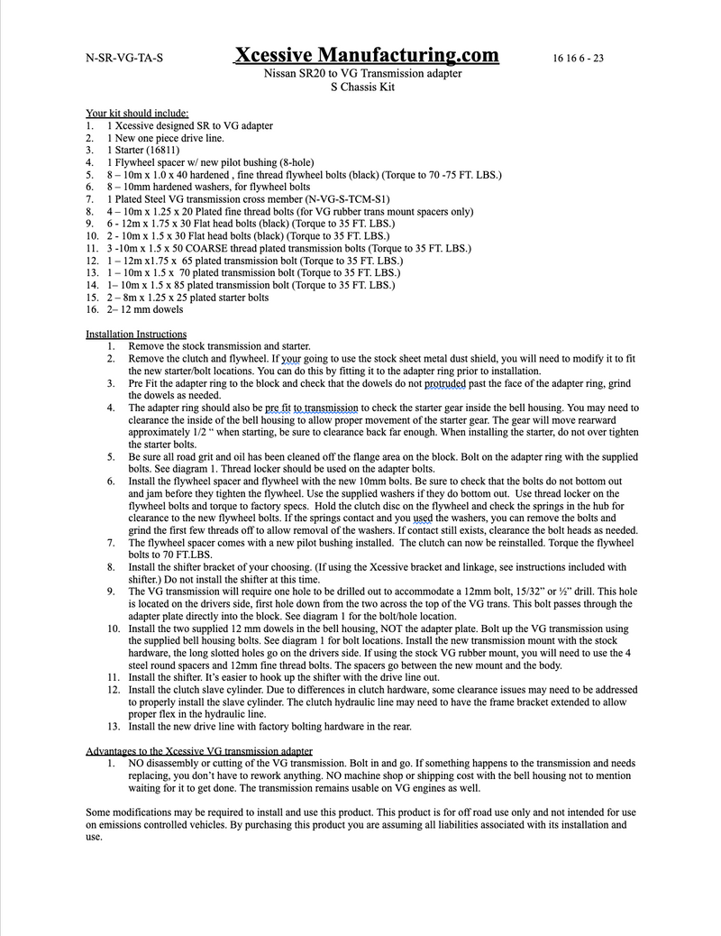 Product Instructions for SR20 to VG transmission adapter kit - S chassis